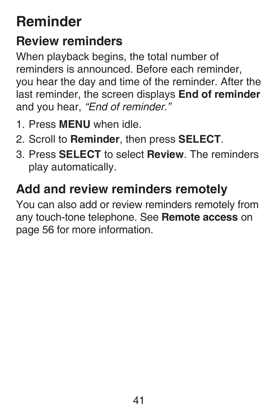 Review reminders, Add and review reminders remotely, Add and review reminders | Remotely, Reminder | VTech SN6127_-2 Abridged manual User Manual | Page 47 / 101