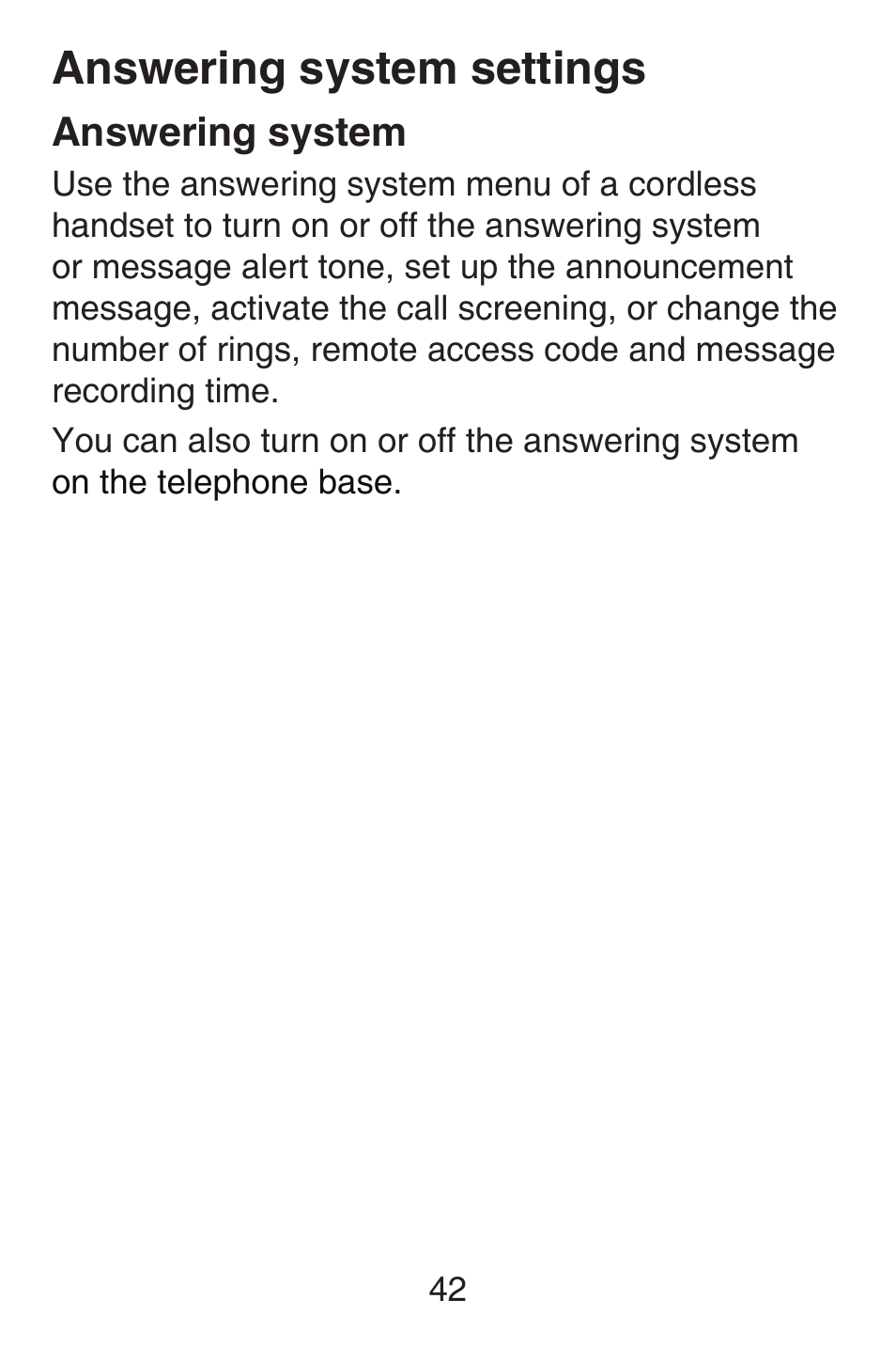 Answering system settings, Answering system, Settings | VTech SN6127_-2 Abridged manual User Manual | Page 48 / 101