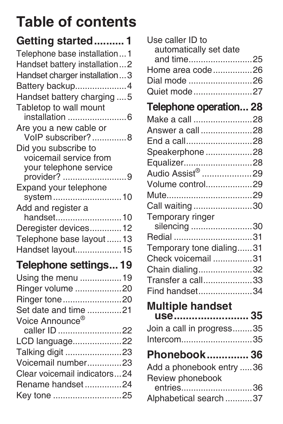 Parts checklist table of contents, Getting started, Telephone settings | Telephone operation, Multiple handset use, Phonebook | VTech SN6127_-2 Abridged manual User Manual | Page 5 / 101