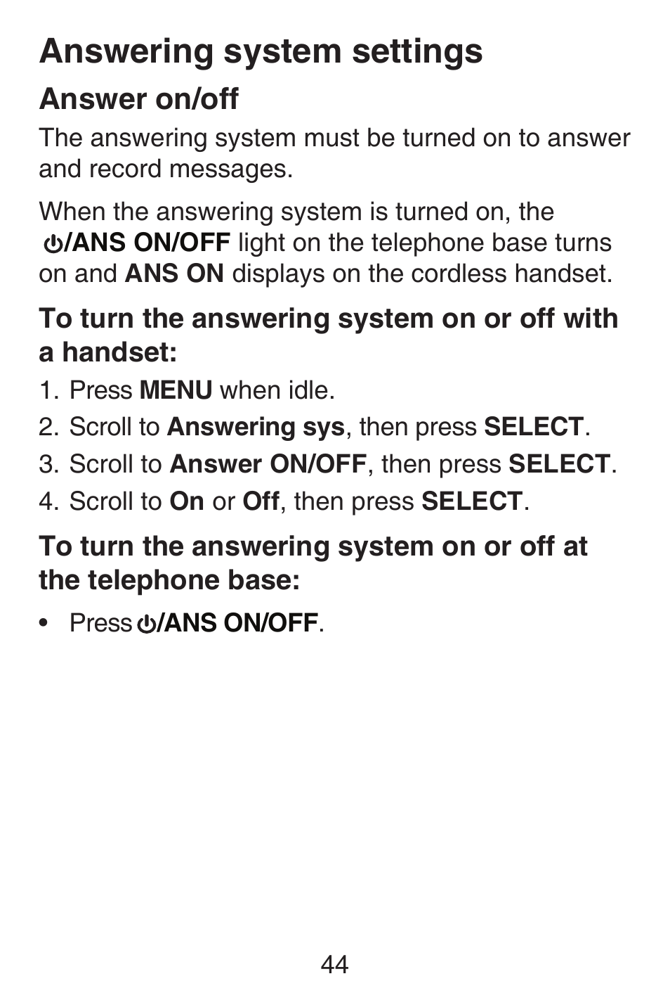 Answer on/off, Answering system settings | VTech SN6127_-2 Abridged manual User Manual | Page 50 / 101