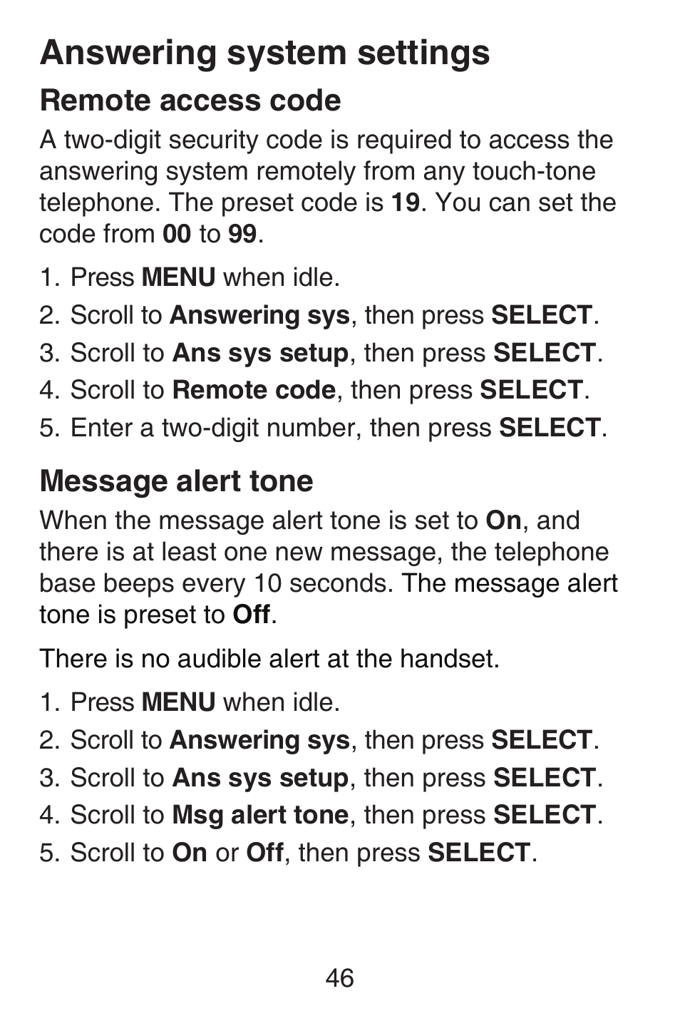 Remote access code, Message alert tone, Answering system settings | VTech SN6127_-2 Abridged manual User Manual | Page 52 / 101