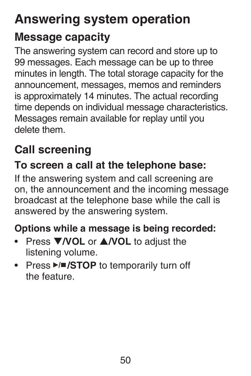 Message capacity, Call screening, Answering system operation | VTech SN6127_-2 Abridged manual User Manual | Page 56 / 101