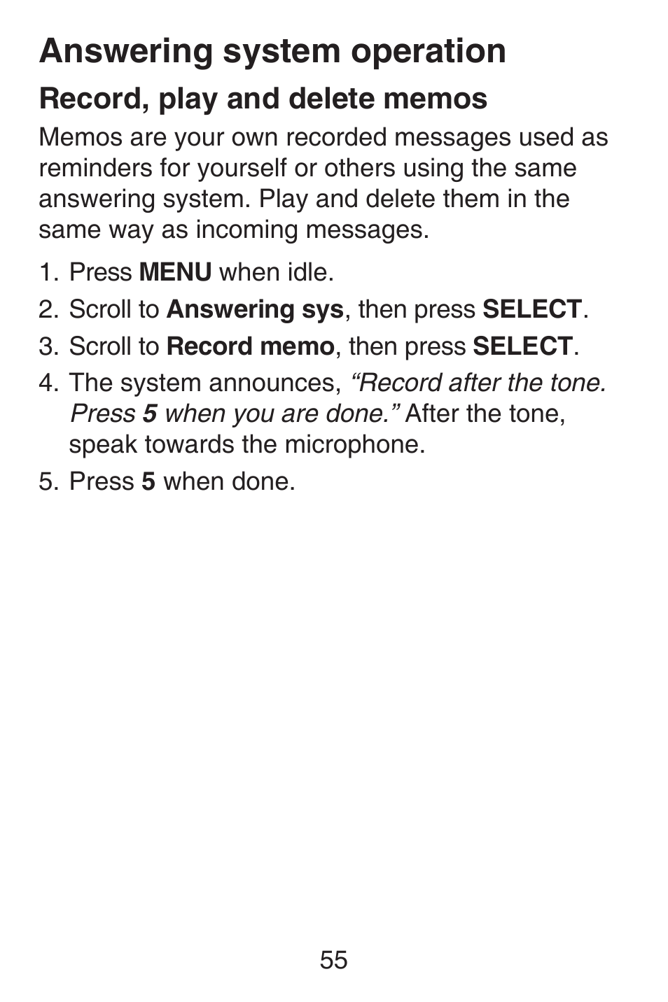 Record, play and delete memos, Record, play and delete, Memos | Answering system operation | VTech SN6127_-2 Abridged manual User Manual | Page 61 / 101