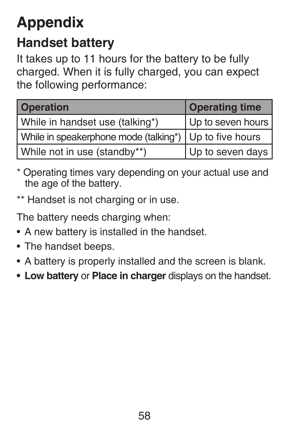 Appendix, Handset battery | VTech SN6127_-2 Abridged manual User Manual | Page 64 / 101
