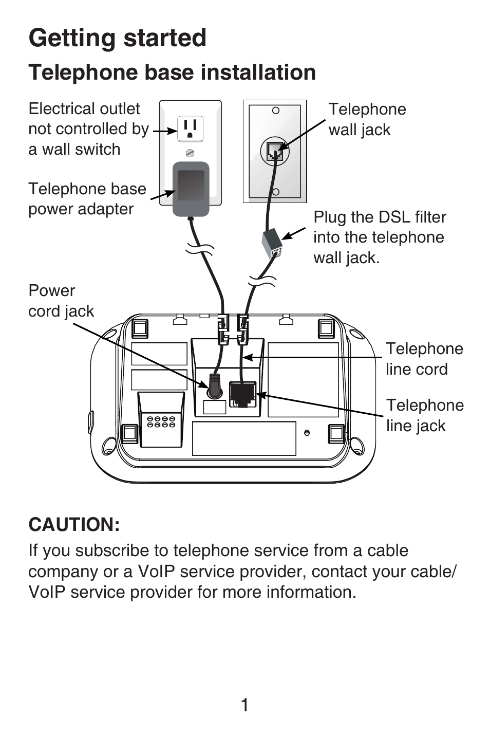 Telephone installation, Getting started, Telephone base installation | VTech SN6127_-2 Abridged manual User Manual | Page 7 / 101