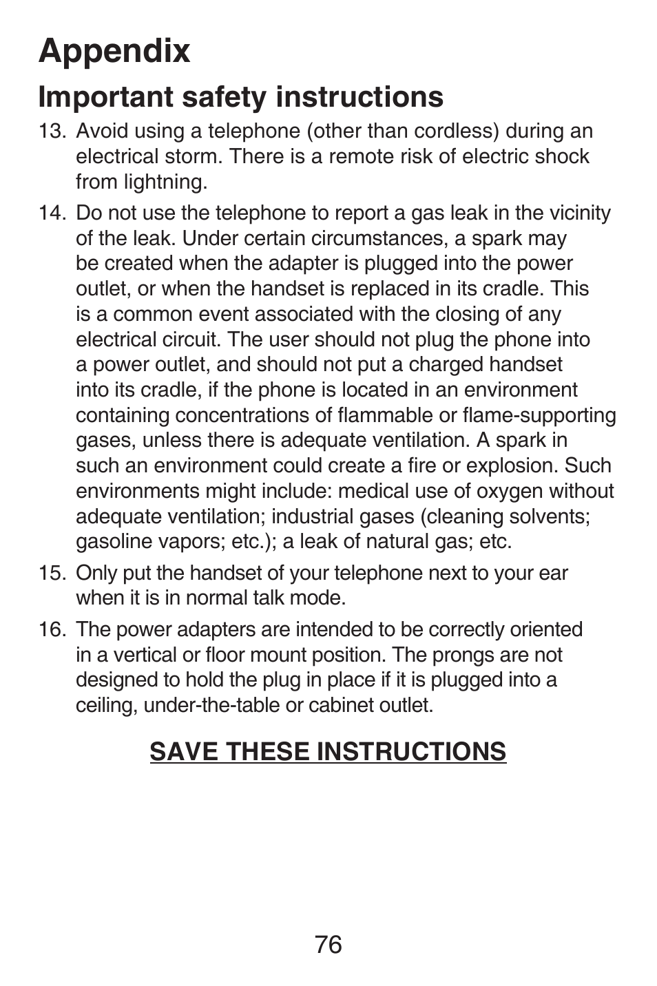 Appendix, Important safety instructions, Save these instructions | VTech SN6127_-2 Abridged manual User Manual | Page 82 / 101