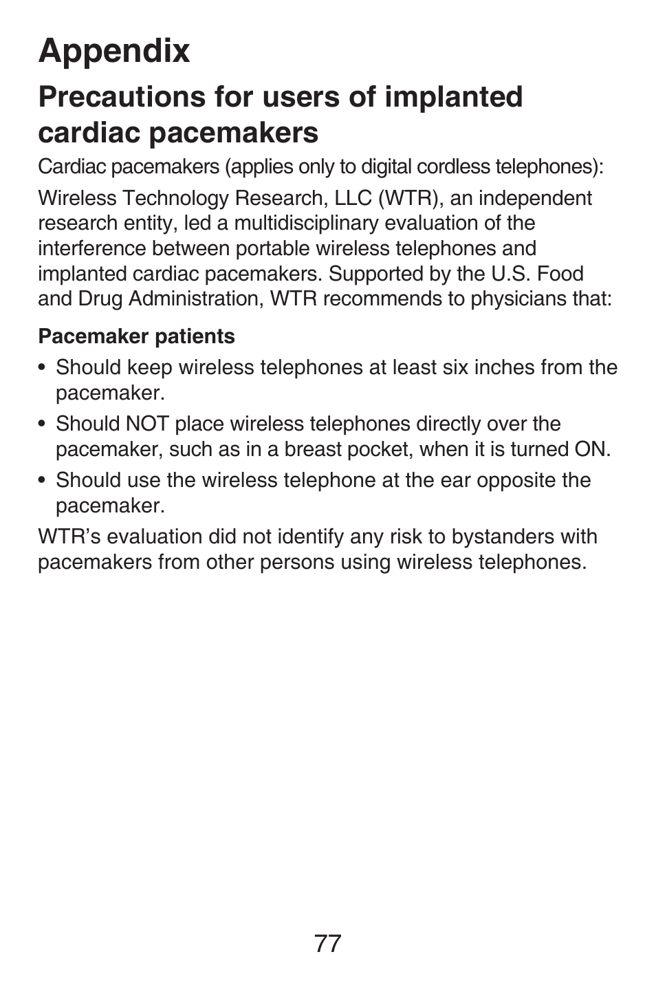 Precautions for users, Of implanted cardiac, Pacemakers | Appendix | VTech SN6127_-2 Abridged manual User Manual | Page 83 / 101
