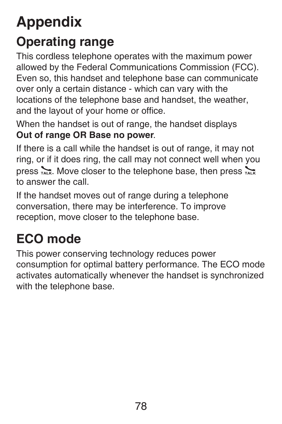 Operating range, Eco mode, Appendix | VTech SN6127_-2 Abridged manual User Manual | Page 84 / 101