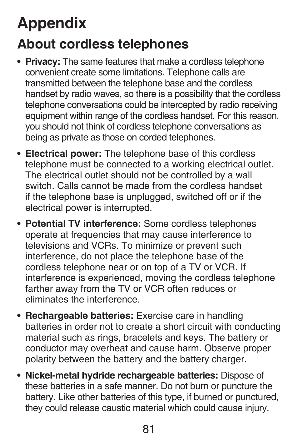 Industry canada, About cordless telephones, About cordless | Telephones, Appendix | VTech SN6127_-2 Abridged manual User Manual | Page 87 / 101