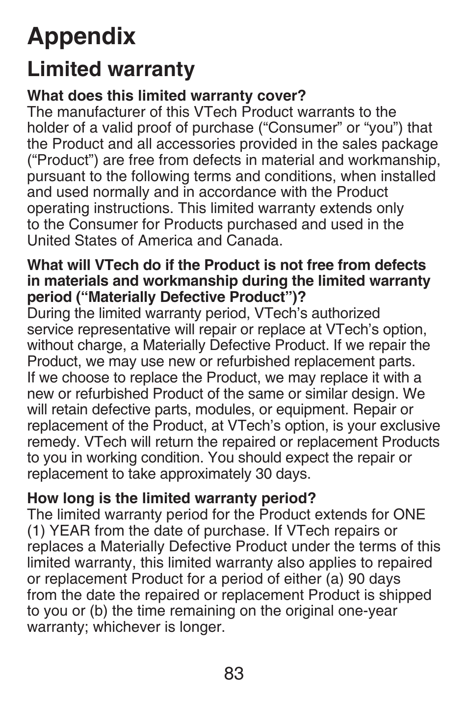Limited warranty, Appendix | VTech SN6127_-2 Abridged manual User Manual | Page 89 / 101