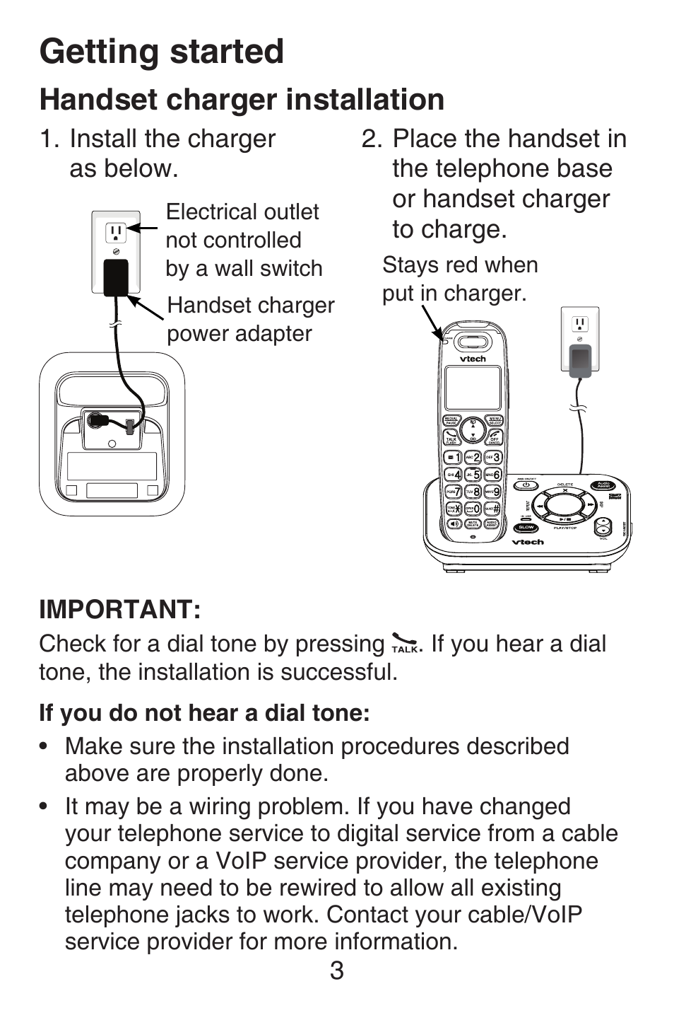 Handset charger installation, Getting started | VTech SN6127_-2 Abridged manual User Manual | Page 9 / 101