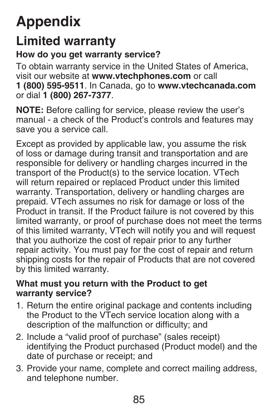 Appendix, Limited warranty | VTech SN6127_-2 Abridged manual User Manual | Page 91 / 101