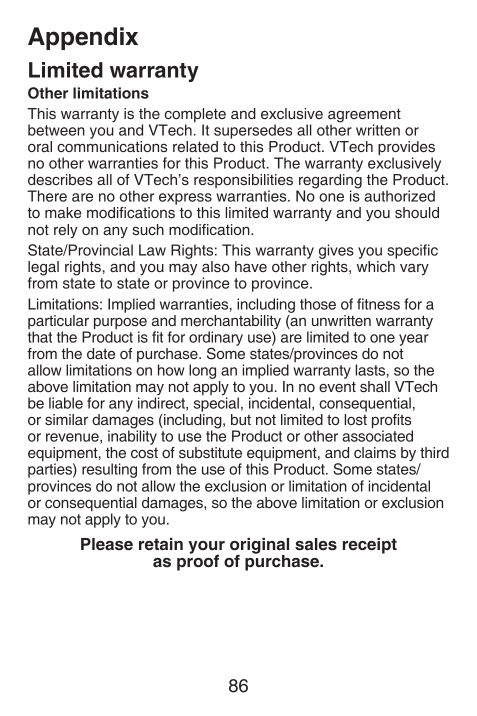 Appendix, Limited warranty | VTech SN6127_-2 Abridged manual User Manual | Page 92 / 101