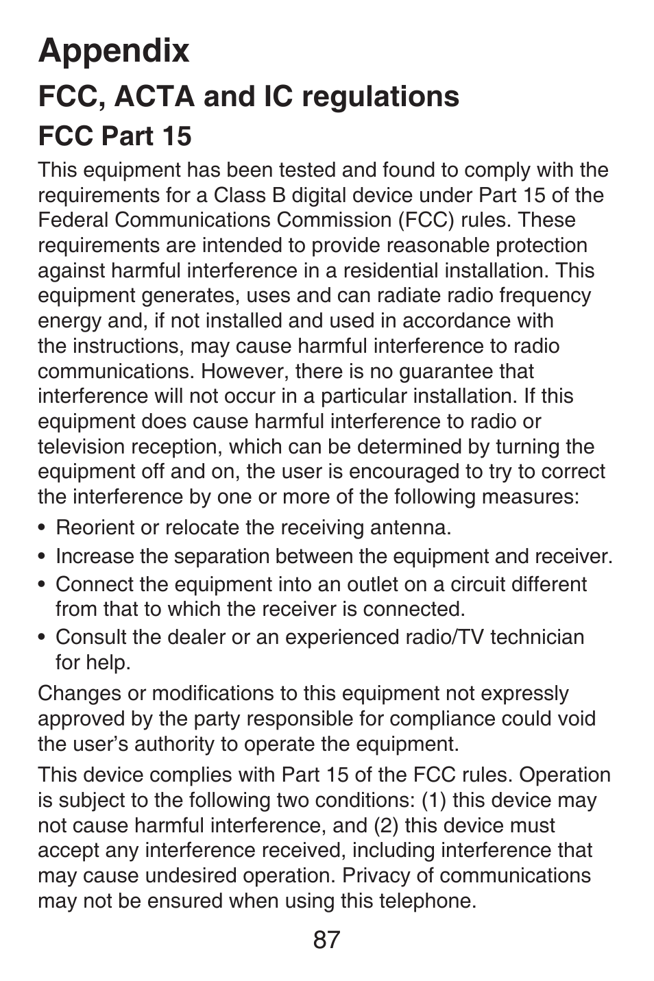 Limited warranty, Fcc, acta and ic regulations, Fcc, acta and ic | Regulations, Appendix, Fcc part 15 | VTech SN6127_-2 Abridged manual User Manual | Page 93 / 101