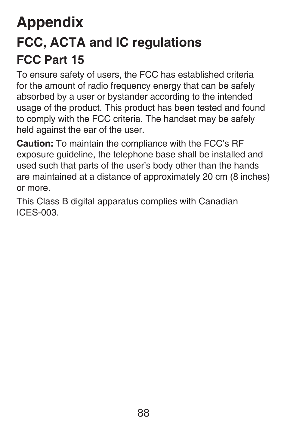 Appendix, Fcc, acta and ic regulations, Fcc part 15 | VTech SN6127_-2 Abridged manual User Manual | Page 94 / 101