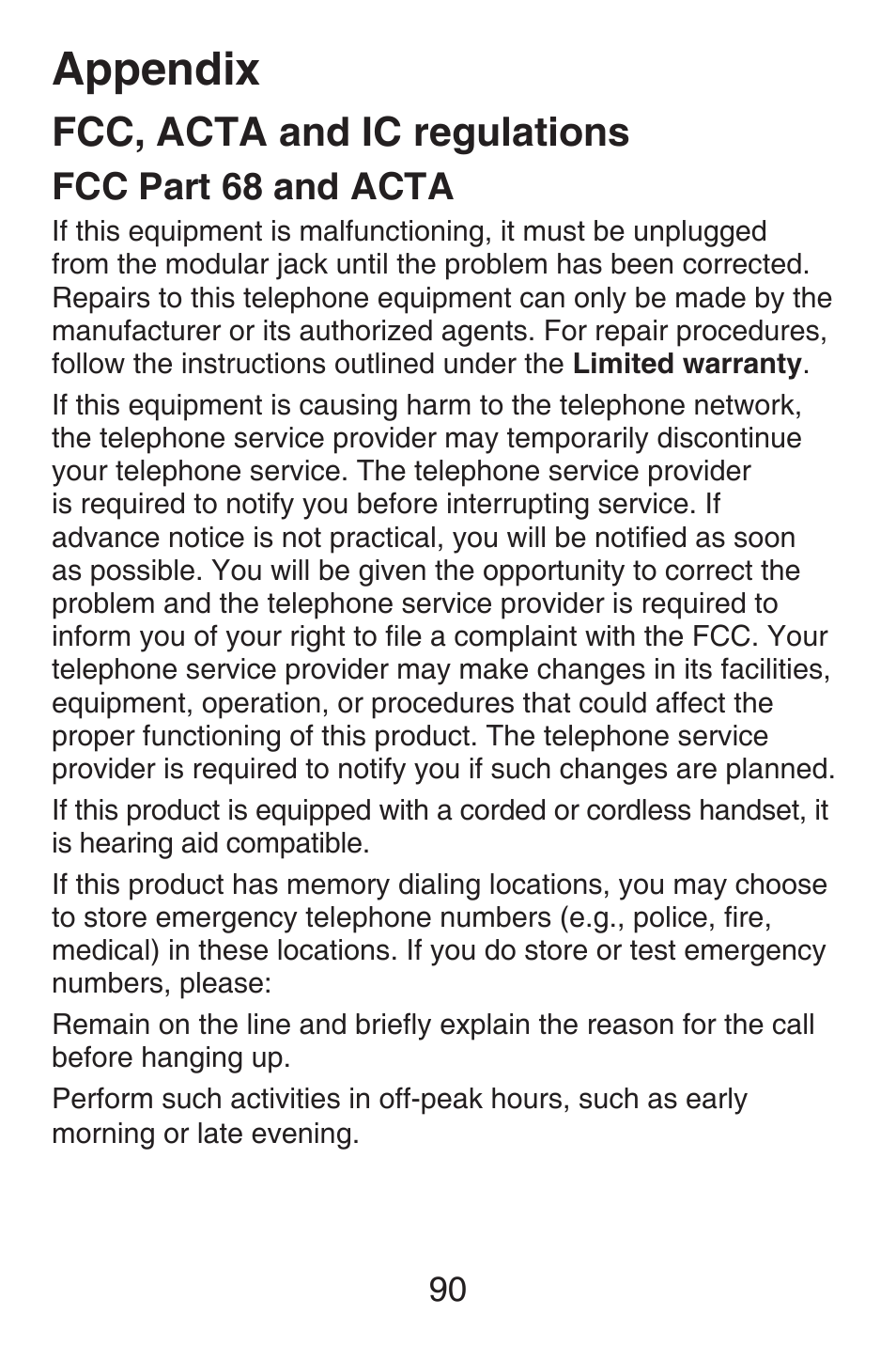 Appendix, Fcc, acta and ic regulations, Fcc part 68 and acta | VTech SN6127_-2 Abridged manual User Manual | Page 96 / 101