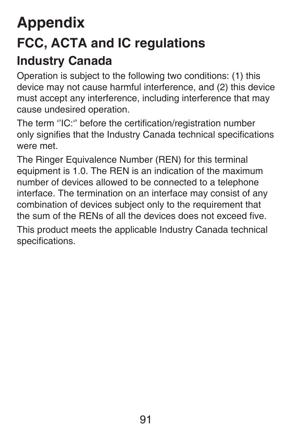 Appendix, Fcc, acta and ic regulations, Industry canada | VTech SN6127_-2 Abridged manual User Manual | Page 97 / 101