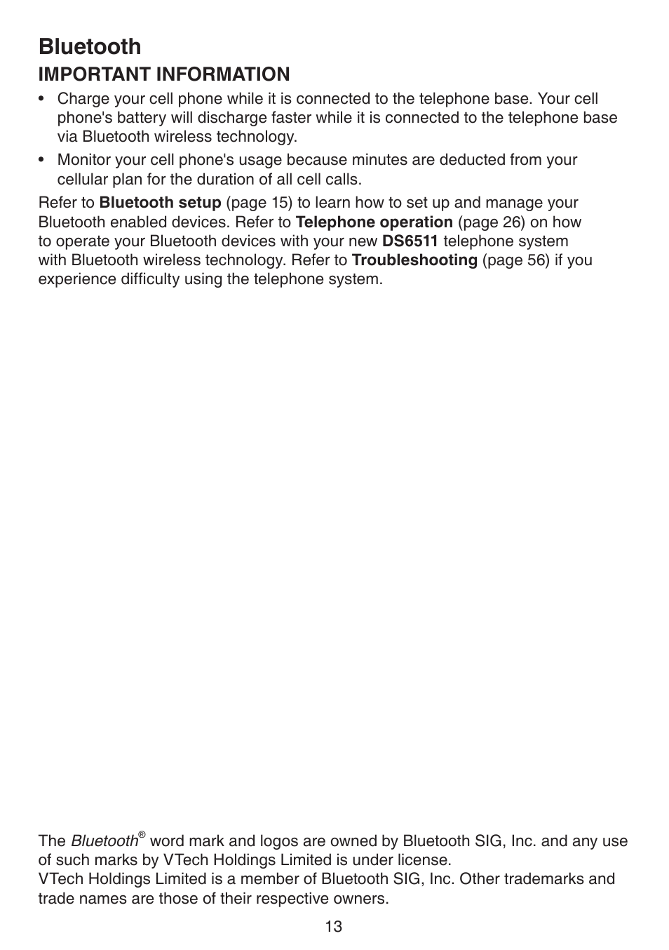 Bluetooth, Important information | VTech DS6511_-15-16-2-3-4A Manual User Manual | Page 17 / 80
