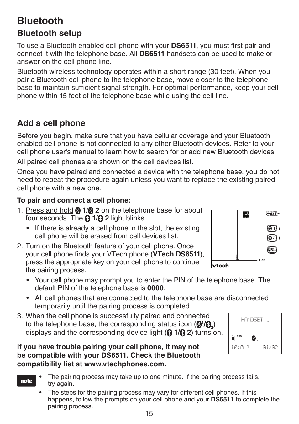 Bluetooth setup add a cell phone, Bluetooth, Bluetooth setup | Add a cell phone | VTech DS6511_-15-16-2-3-4A Manual User Manual | Page 19 / 80