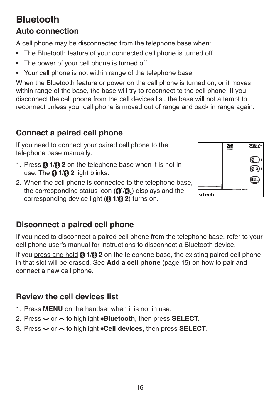 Bluetooth, Auto connection, Connect a paired cell phone | Disconnect a paired cell phone, Review the cell devices list | VTech DS6511_-15-16-2-3-4A Manual User Manual | Page 20 / 80