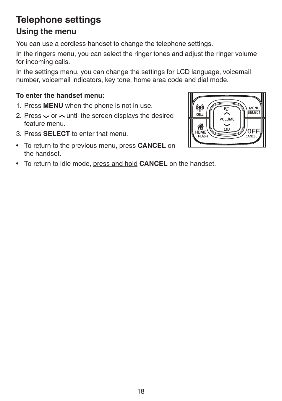 Telephone settings, Using the menu | VTech DS6511_-15-16-2-3-4A Manual User Manual | Page 22 / 80
