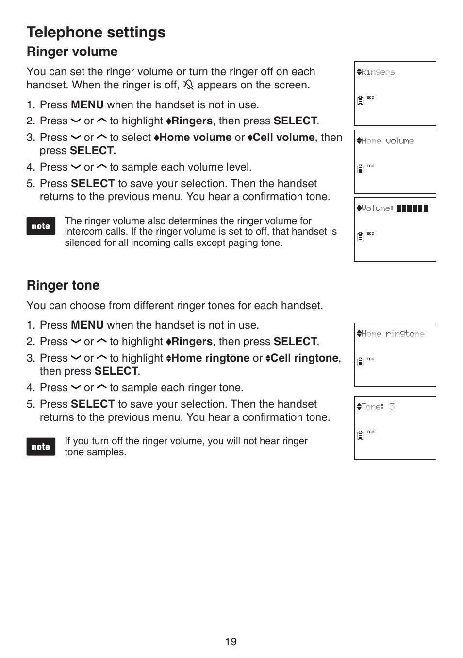 Ringer volume ringer tone, Telephone settings, Ringer volume | Ringer tone | VTech DS6511_-15-16-2-3-4A Manual User Manual | Page 23 / 80