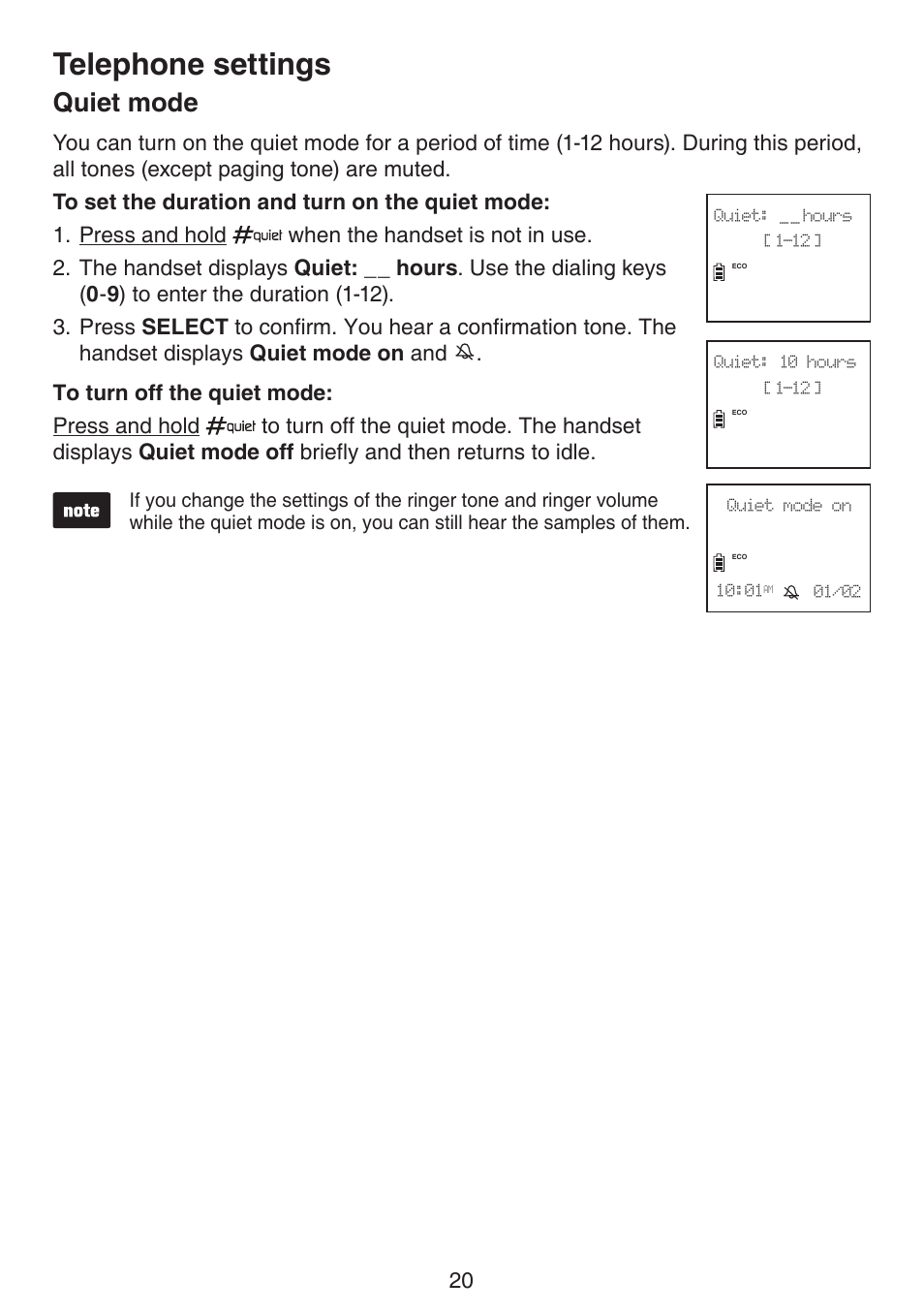 Quiet mode, Telephone settings | VTech DS6511_-15-16-2-3-4A Manual User Manual | Page 24 / 80