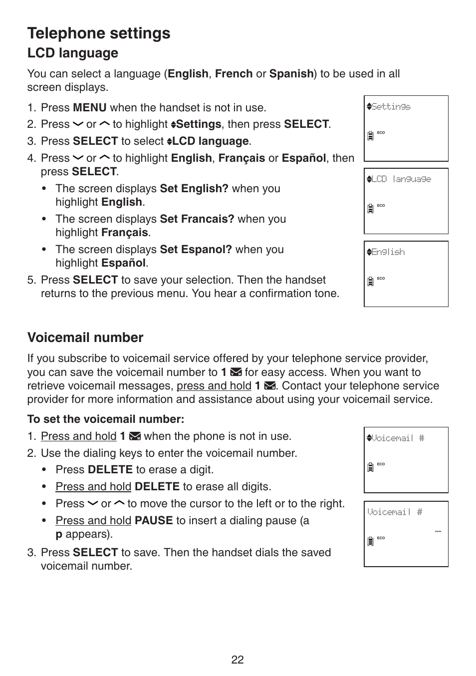 Lcd language voicemail number, Telephone settings, Lcd language | Voicemail number | VTech DS6511_-15-16-2-3-4A Manual User Manual | Page 26 / 80