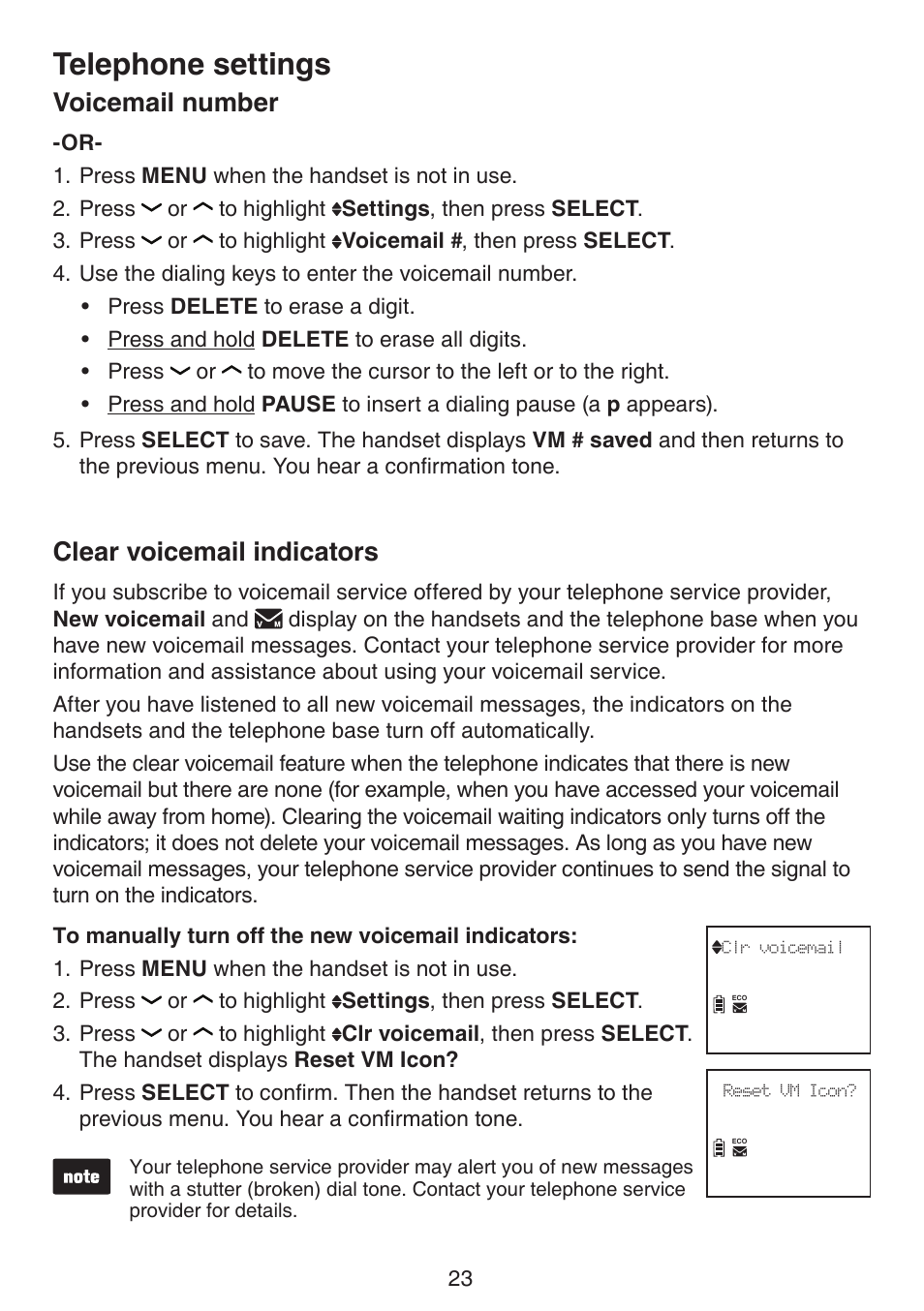 Clear voicemail indicators, Telephone settings, Voicemail number | VTech DS6511_-15-16-2-3-4A Manual User Manual | Page 27 / 80
