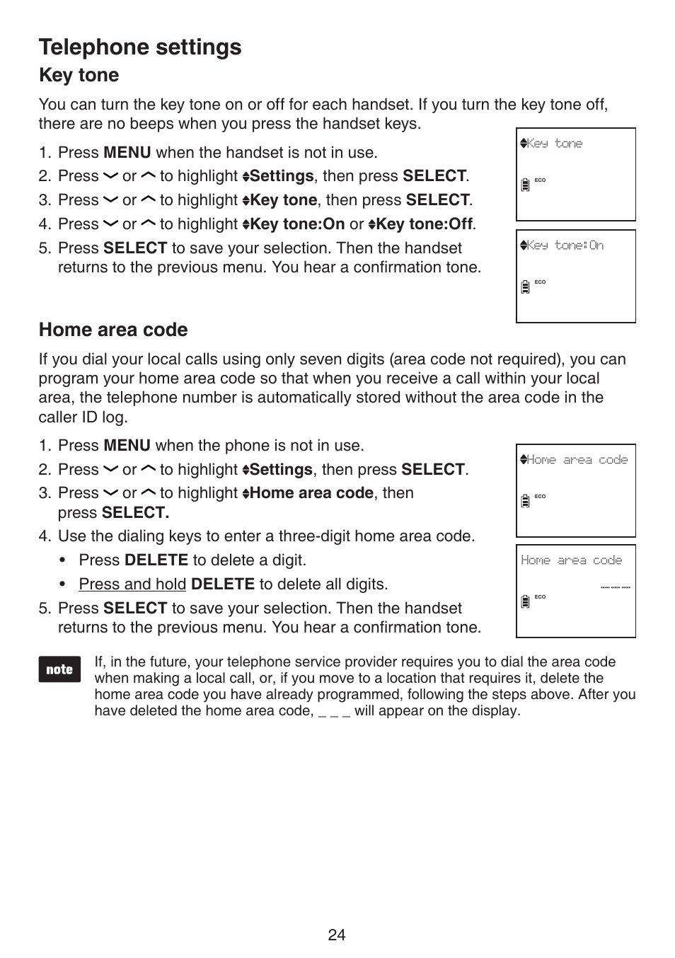 Key tone home area code, Telephone settings, Key tone | Home area code | VTech DS6511_-15-16-2-3-4A Manual User Manual | Page 28 / 80