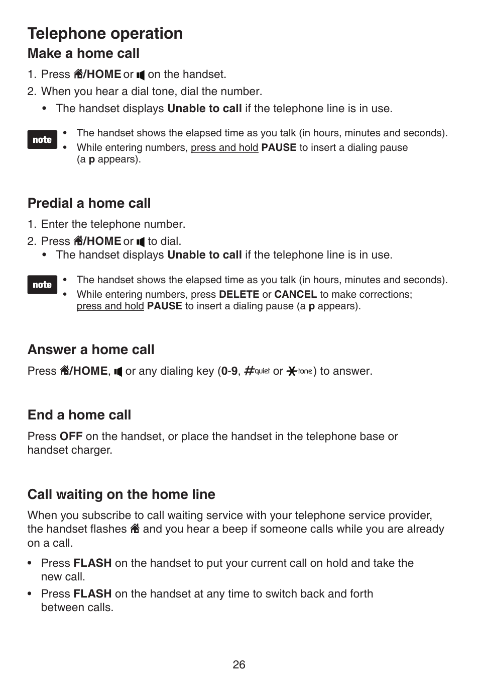Telephone operation, End a home call call waiting on the home line, Make a home call | Predial a home call, Answer a home call, End a home call, Call waiting on the home line | VTech DS6511_-15-16-2-3-4A Manual User Manual | Page 30 / 80