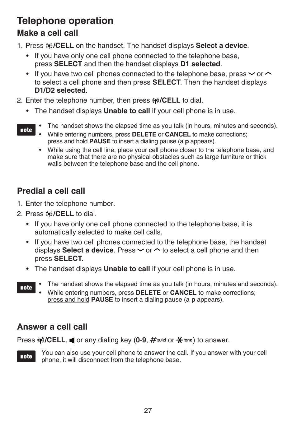Telephone operation, Make a cell call, Predial a cell call | Answer a cell call | VTech DS6511_-15-16-2-3-4A Manual User Manual | Page 31 / 80
