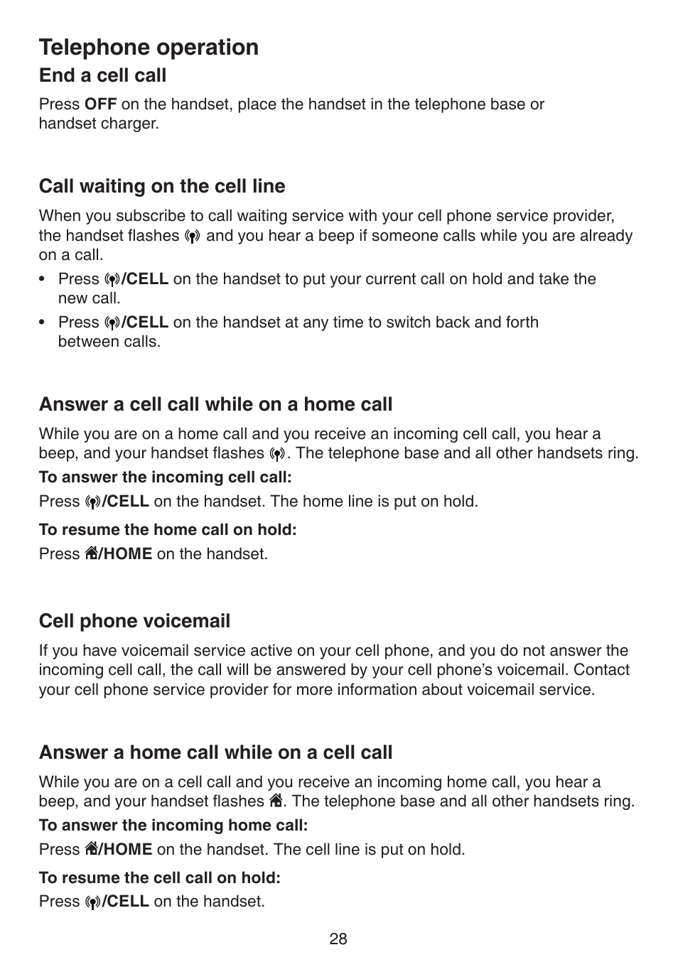 Home call, Cell phone voicemail answer a home call while on a, Cell call | Telephone operation, End a cell call, Call waiting on the cell line, Answer a cell call while on a home call, Cell phone voicemail, Answer a home call while on a cell call | VTech DS6511_-15-16-2-3-4A Manual User Manual | Page 32 / 80