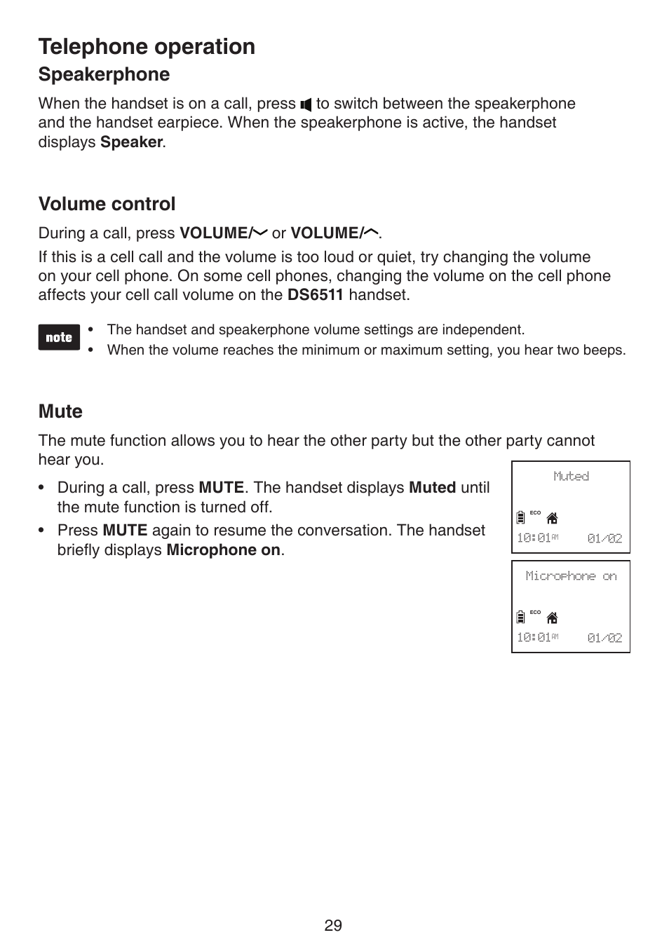 Speakerphone volume control mute, Telephone operation, Speakerphone | Volume control, Mute | VTech DS6511_-15-16-2-3-4A Manual User Manual | Page 33 / 80
