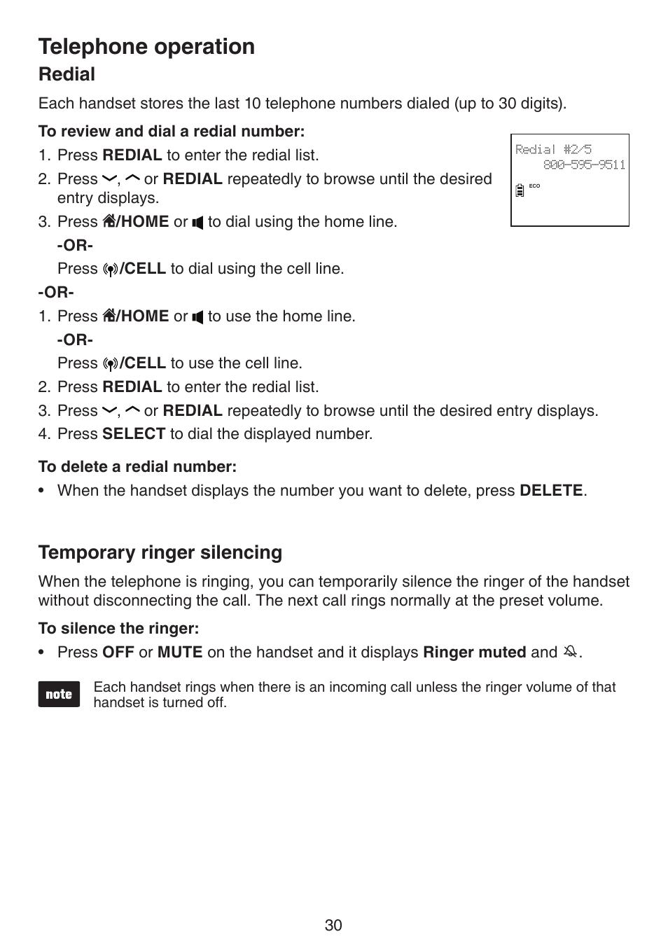 Redial temporary ringer silencing, Telephone operation, Redial | Temporary ringer silencing | VTech DS6511_-15-16-2-3-4A Manual User Manual | Page 34 / 80