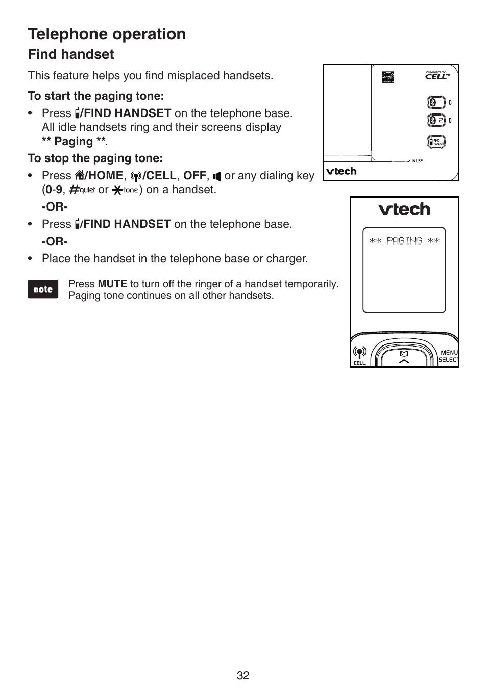 Find handset, Telephone operation | VTech DS6511_-15-16-2-3-4A Manual User Manual | Page 36 / 80