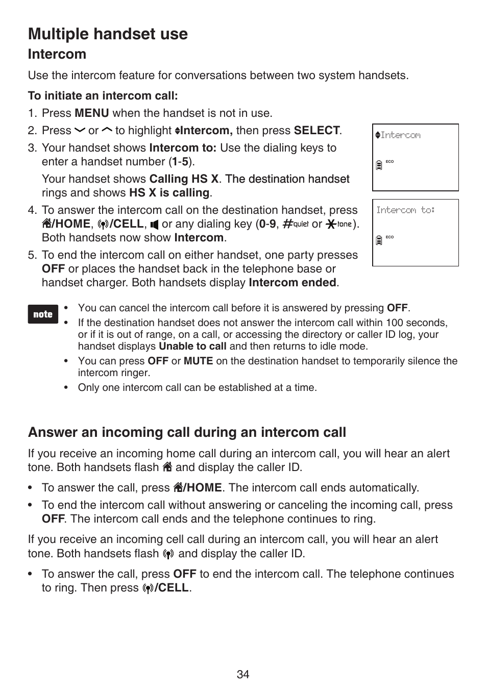 Intercom answer an incoming call during an, Intercom call, Multiple handset use | Intercom, Answer an incoming call during an intercom call | VTech DS6511_-15-16-2-3-4A Manual User Manual | Page 38 / 80