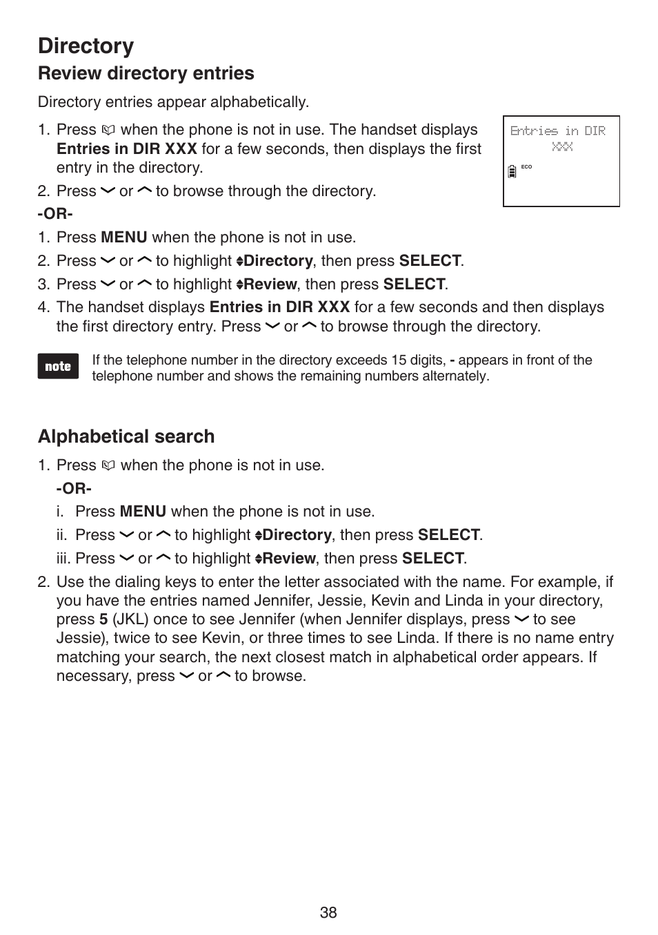 Review directory entries alphabetical search, Directory, Review directory entries | Alphabetical search | VTech DS6511_-15-16-2-3-4A Manual User Manual | Page 42 / 80