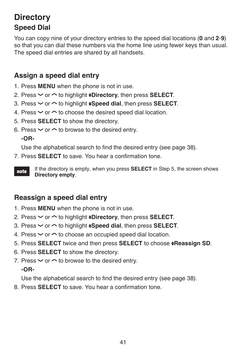 Directory, Speed dial, Assign a speed dial entry | Reassign a speed dial entry | VTech DS6511_-15-16-2-3-4A Manual User Manual | Page 45 / 80