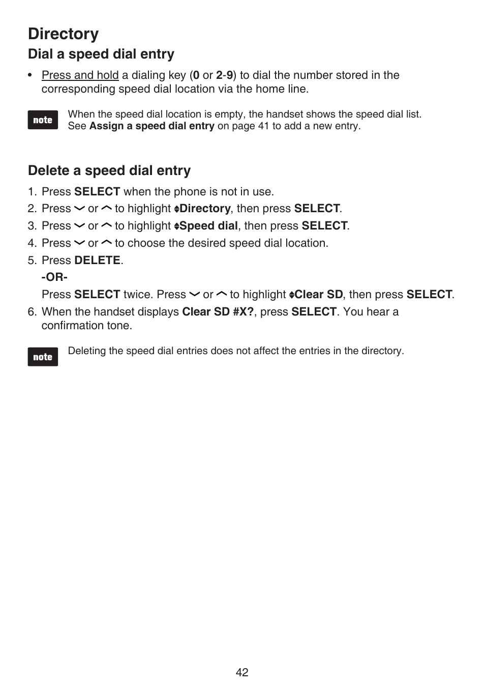 Dial a speed dial entry delete a speed dial entry, Directory, Dial a speed dial entry | Delete a speed dial entry | VTech DS6511_-15-16-2-3-4A Manual User Manual | Page 46 / 80