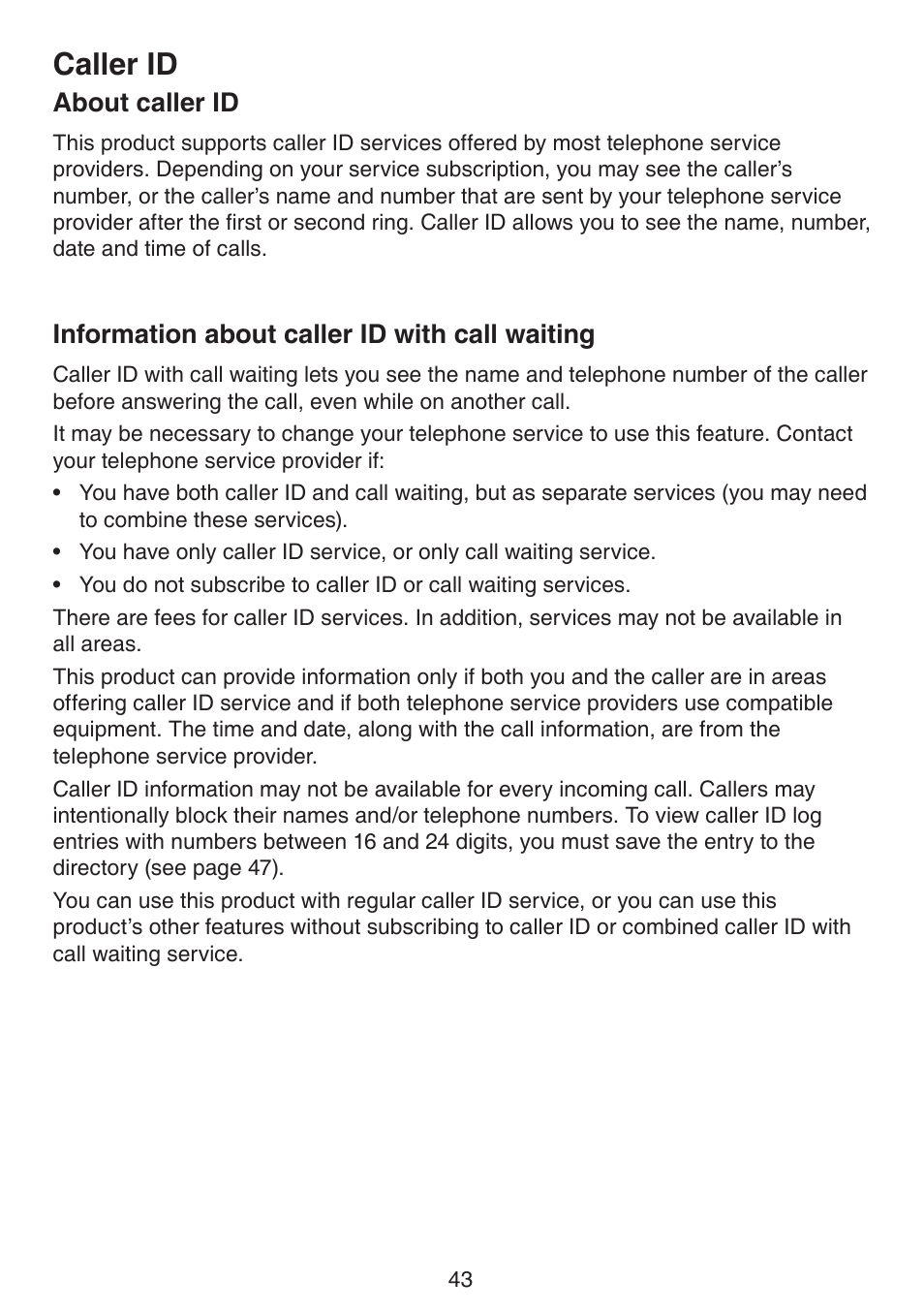 Caller id, About caller id information about caller id with, Call waiting | About caller id, Information about caller id with call waiting | VTech DS6511_-15-16-2-3-4A Manual User Manual | Page 47 / 80