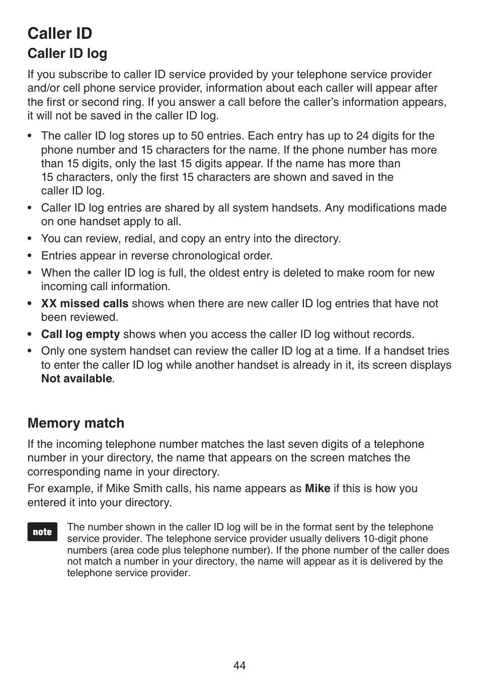 Caller id log memory match, Caller id, Caller id log | VTech DS6511_-15-16-2-3-4A Manual User Manual | Page 48 / 80