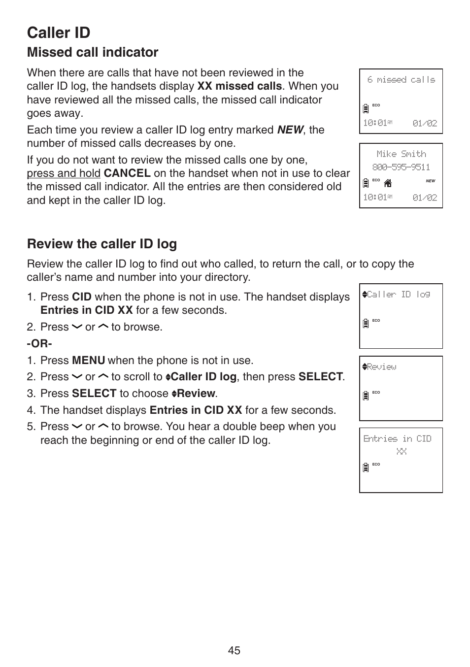 Missed call indicator review the caller id log, Caller id, Missed call indicator | Review the caller id log | VTech DS6511_-15-16-2-3-4A Manual User Manual | Page 49 / 80