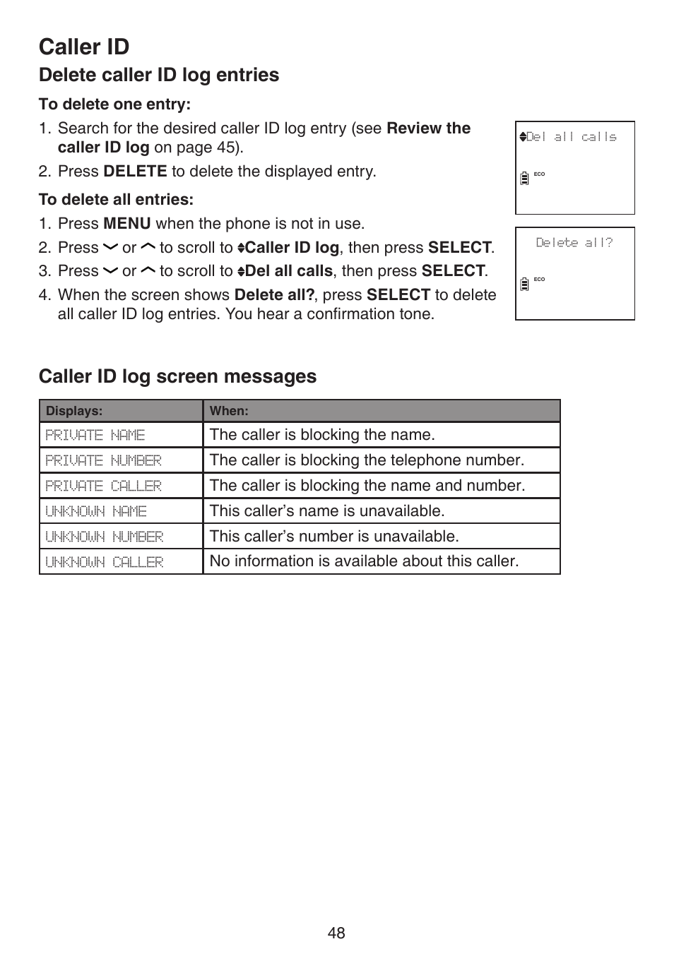 Caller id, Delete caller id log entries, Caller id log screen messages | VTech DS6511_-15-16-2-3-4A Manual User Manual | Page 52 / 80