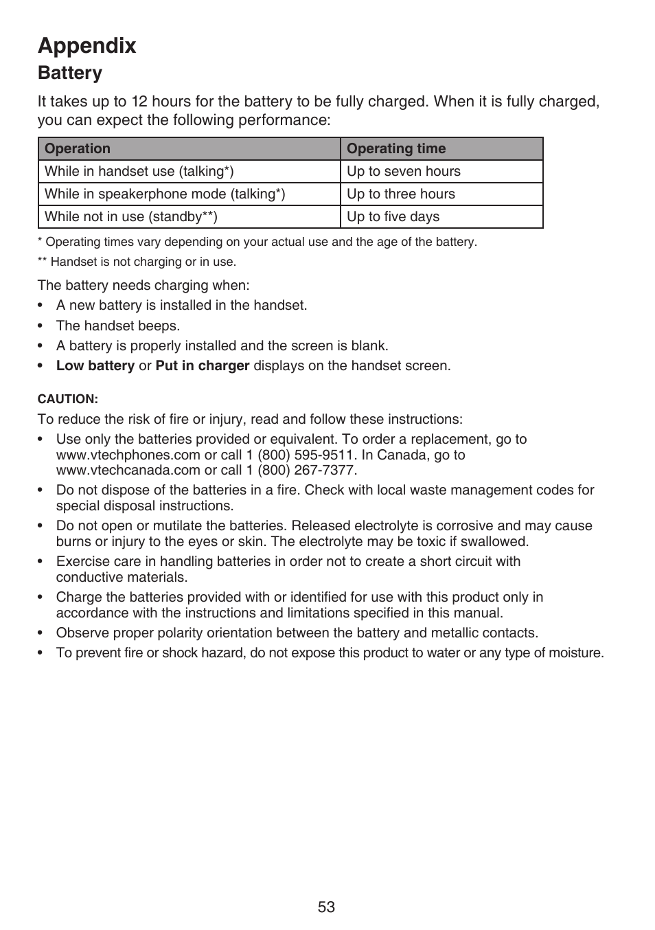 Battery, Appendix | VTech DS6511_-15-16-2-3-4A Manual User Manual | Page 57 / 80