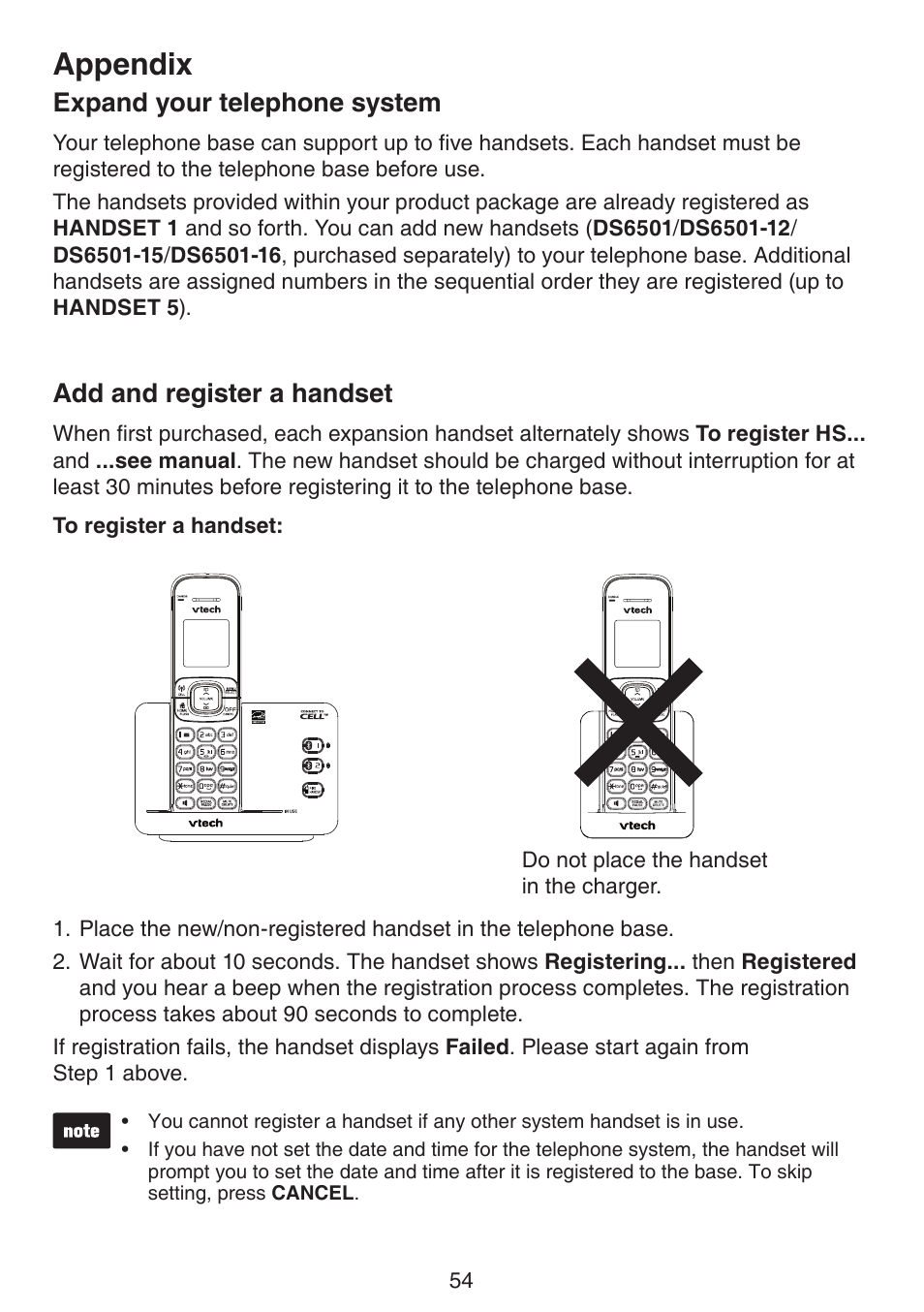 Appendix, Expand your telephone system, Add and register a handset | VTech DS6511_-15-16-2-3-4A Manual User Manual | Page 58 / 80