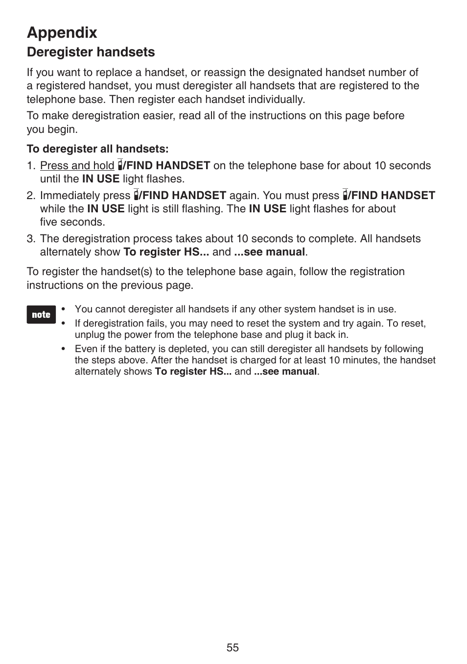 Deregister handsets, Appendix | VTech DS6511_-15-16-2-3-4A Manual User Manual | Page 59 / 80