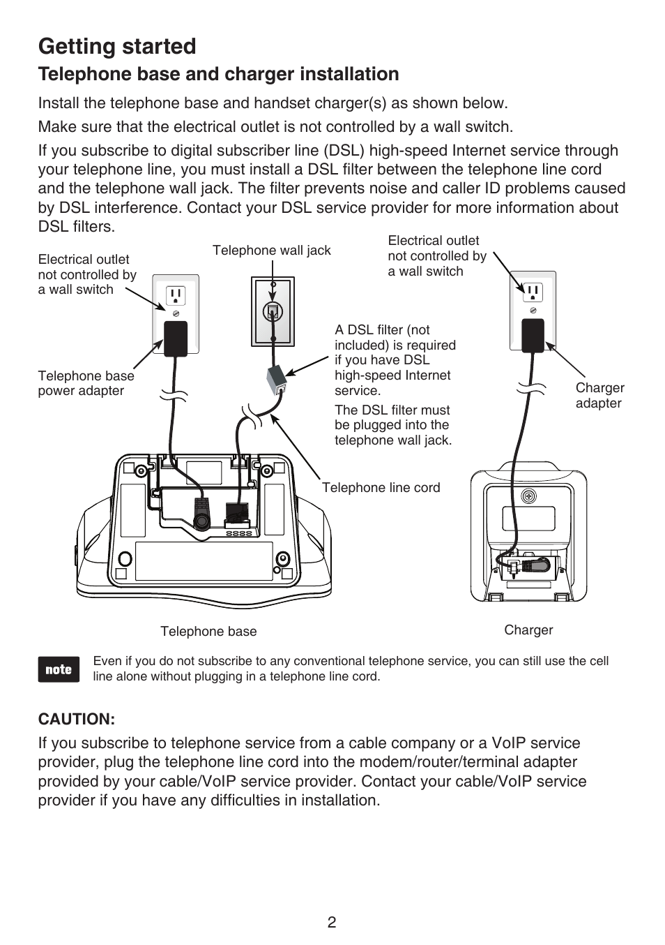 Telephone base and charger, Installation, Getting started | Telephone base and charger installation | VTech DS6511_-15-16-2-3-4A Manual User Manual | Page 6 / 80