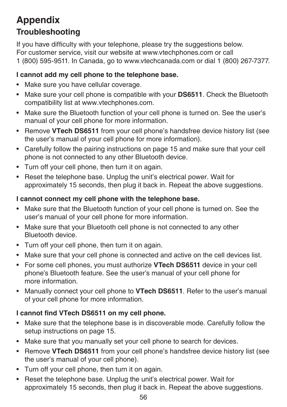 Troubleshooting, Appendix | VTech DS6511_-15-16-2-3-4A Manual User Manual | Page 60 / 80