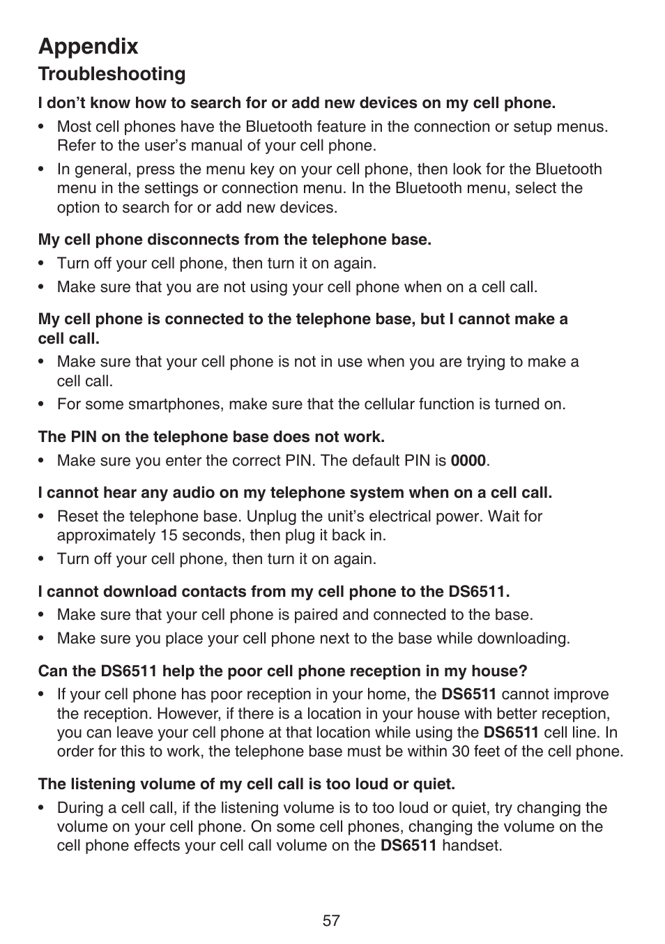 Appendix, Troubleshooting | VTech DS6511_-15-16-2-3-4A Manual User Manual | Page 61 / 80
